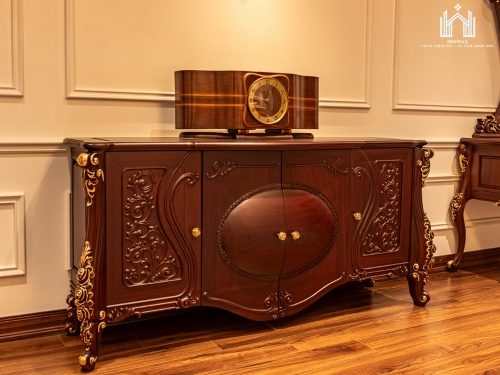 Kệ tivi dát vàng gỗ mun phong cách cổ điển