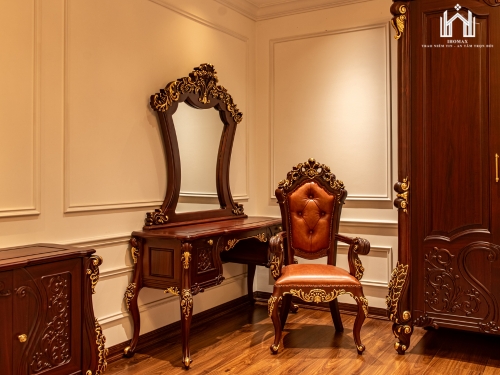 Bộ bàn phấn dát vàng gỗ mun phong cách cổ điển