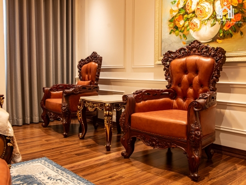 Bàn trà vuông mặt đá gỗ mun phong cách cổ điển